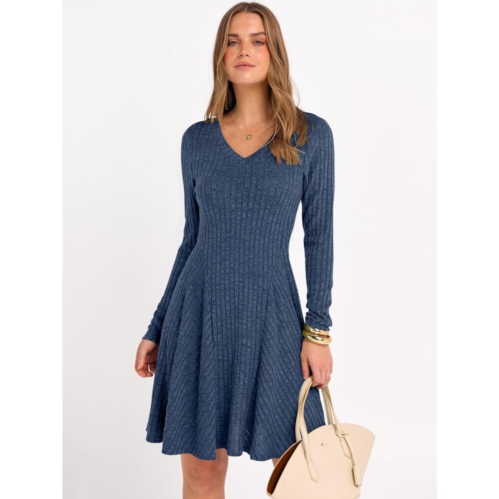 Women's Long Sleeve Ribbed Short Dresses V Neck Swing Sweater Dress Dark Blue - Picture 6 of 7